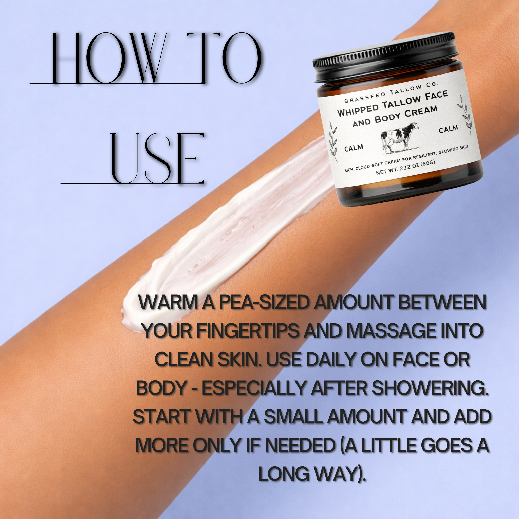 Bowl of cream, bottle of olive oil, and beef tallow with text on a black background