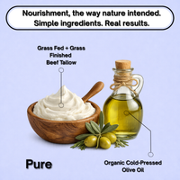 Bowl of cream, bottle of olive oil, and text about natural ingredients on a light purple background