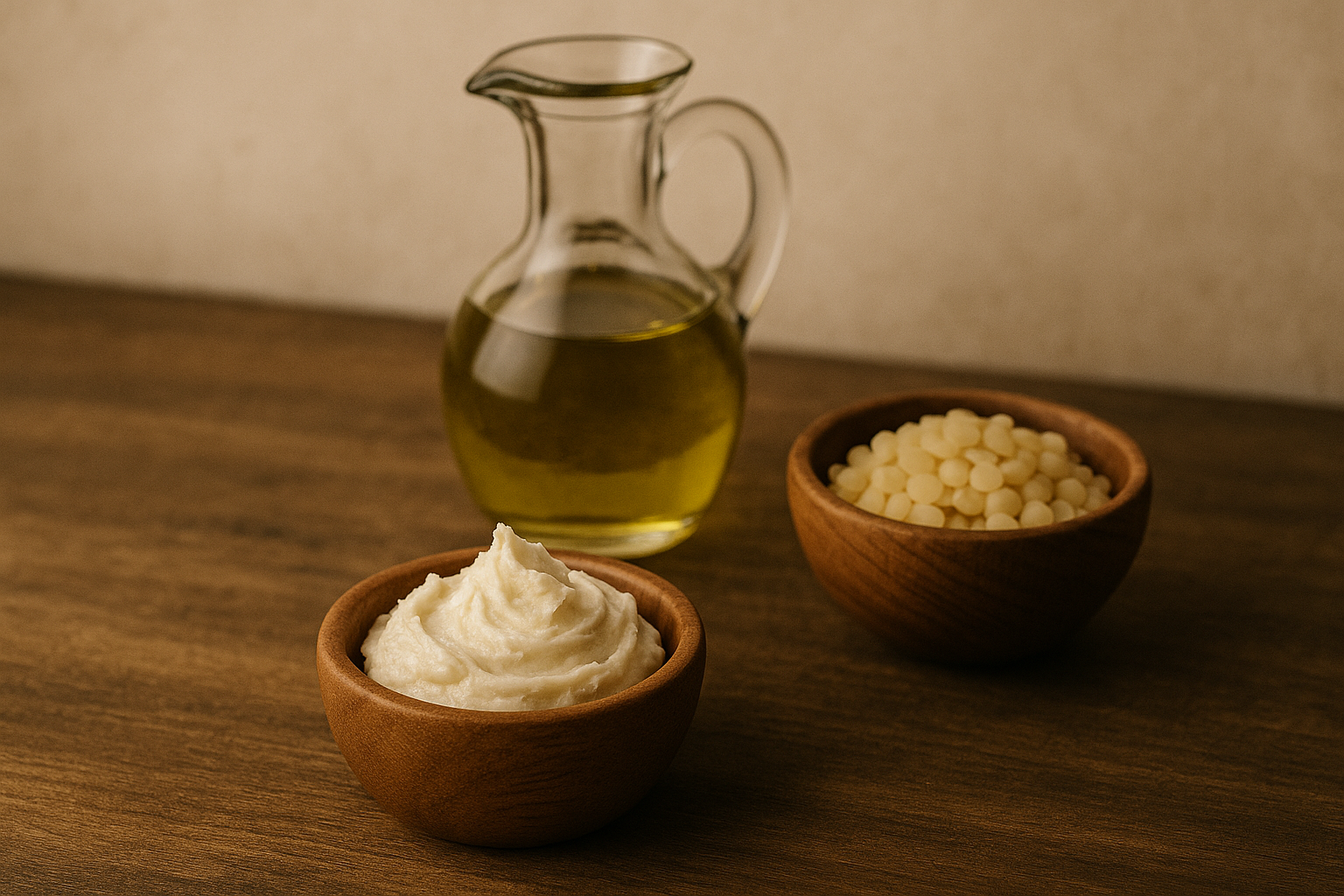 Wooden bowls with whipped tallow and beeswax, and a glass pitcher on a wooden surface with olive oil