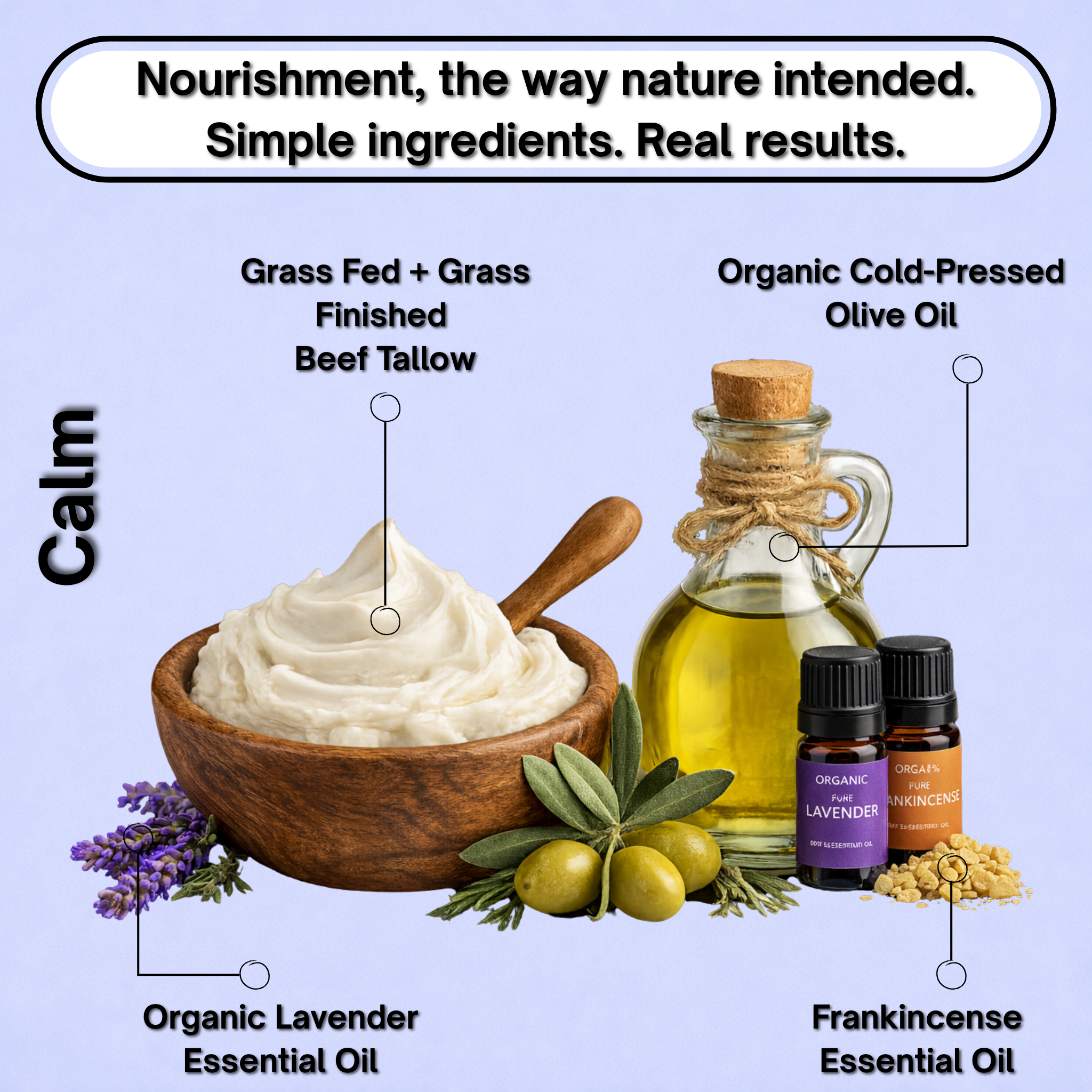 Product display with ingredients labeled on a light blue background