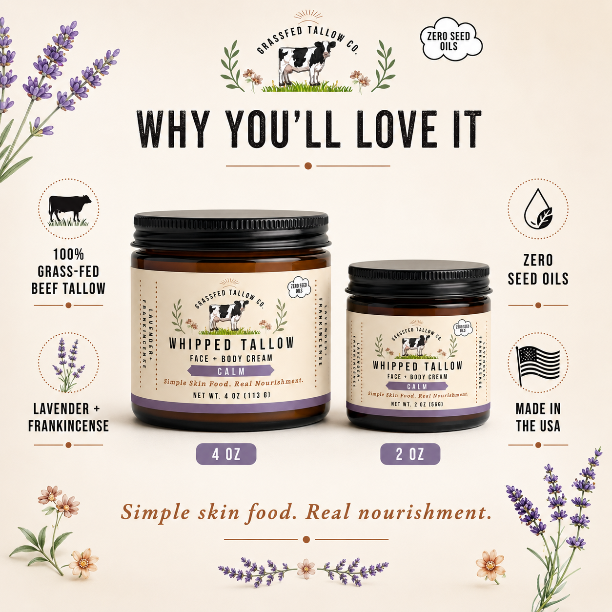 Lavender + Frankincense Whipped Tallow Balm (Calm)