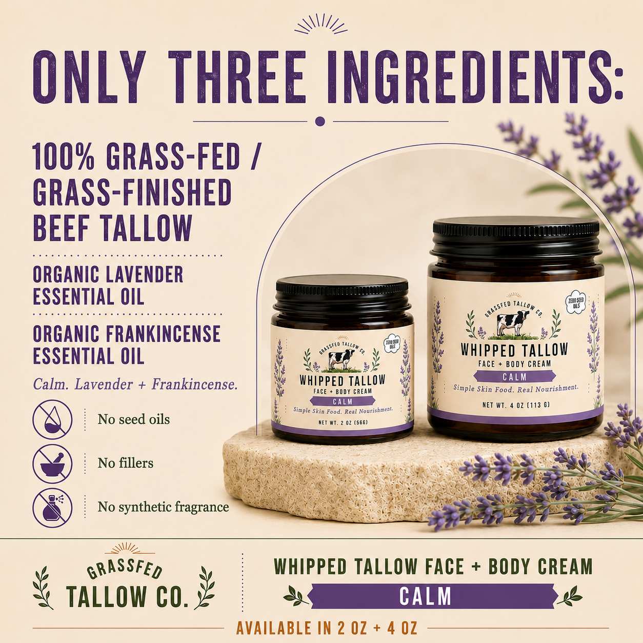 Lavender + Frankincense Whipped Tallow Balm (Calm)