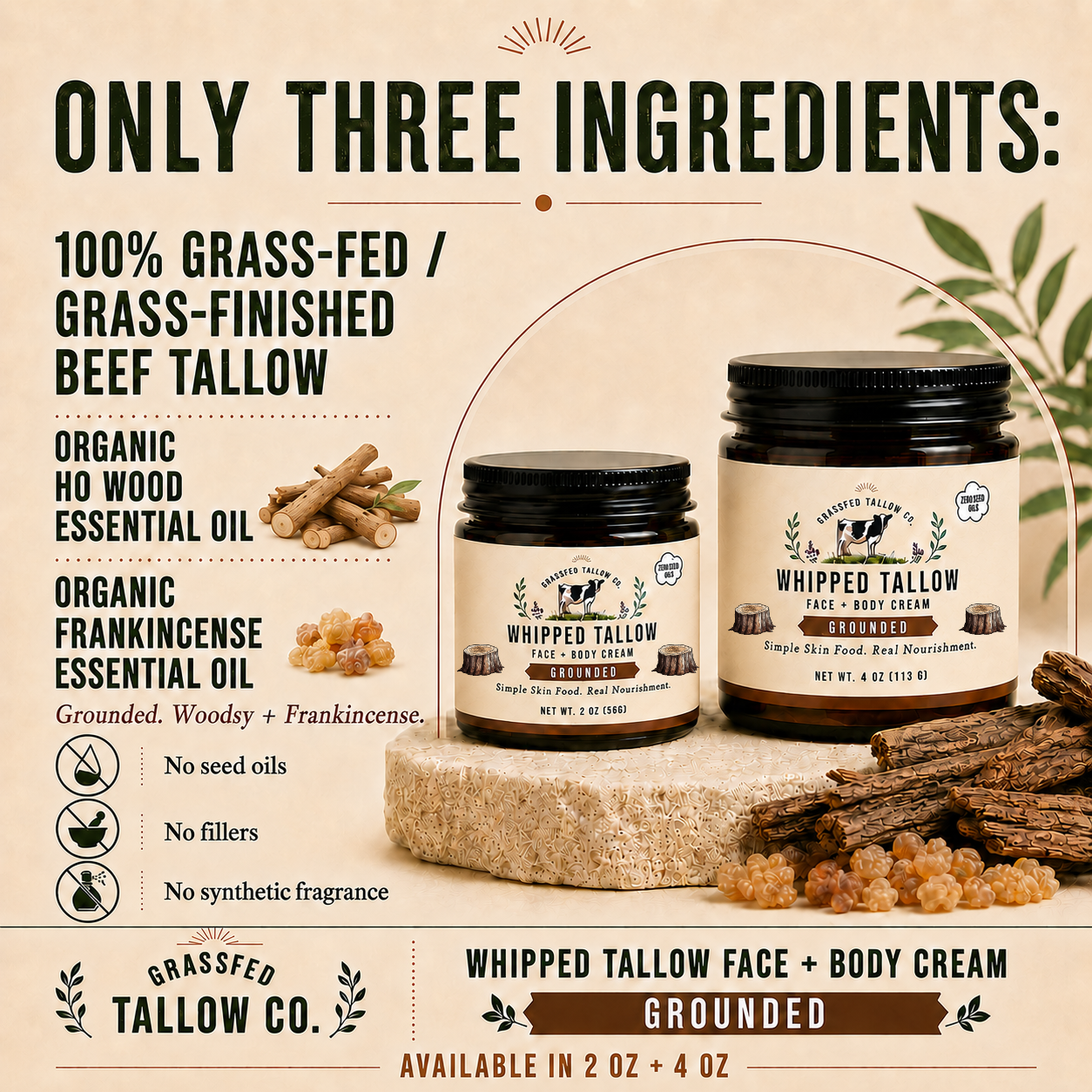 Ho Wood + Frankincense Whipped Tallow Balm (Grounded)