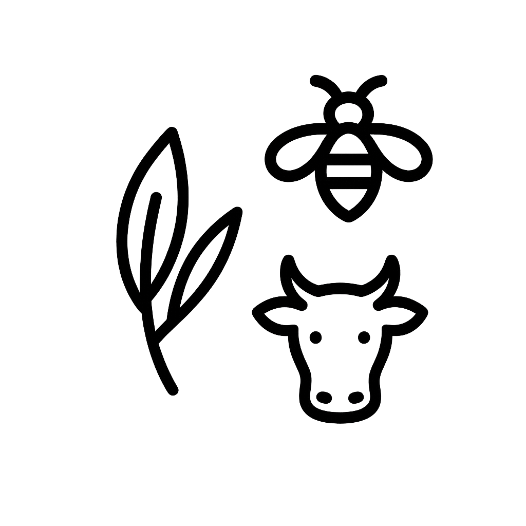 Bee, olive branch, and hoof symbolic elements representing natural ingredients